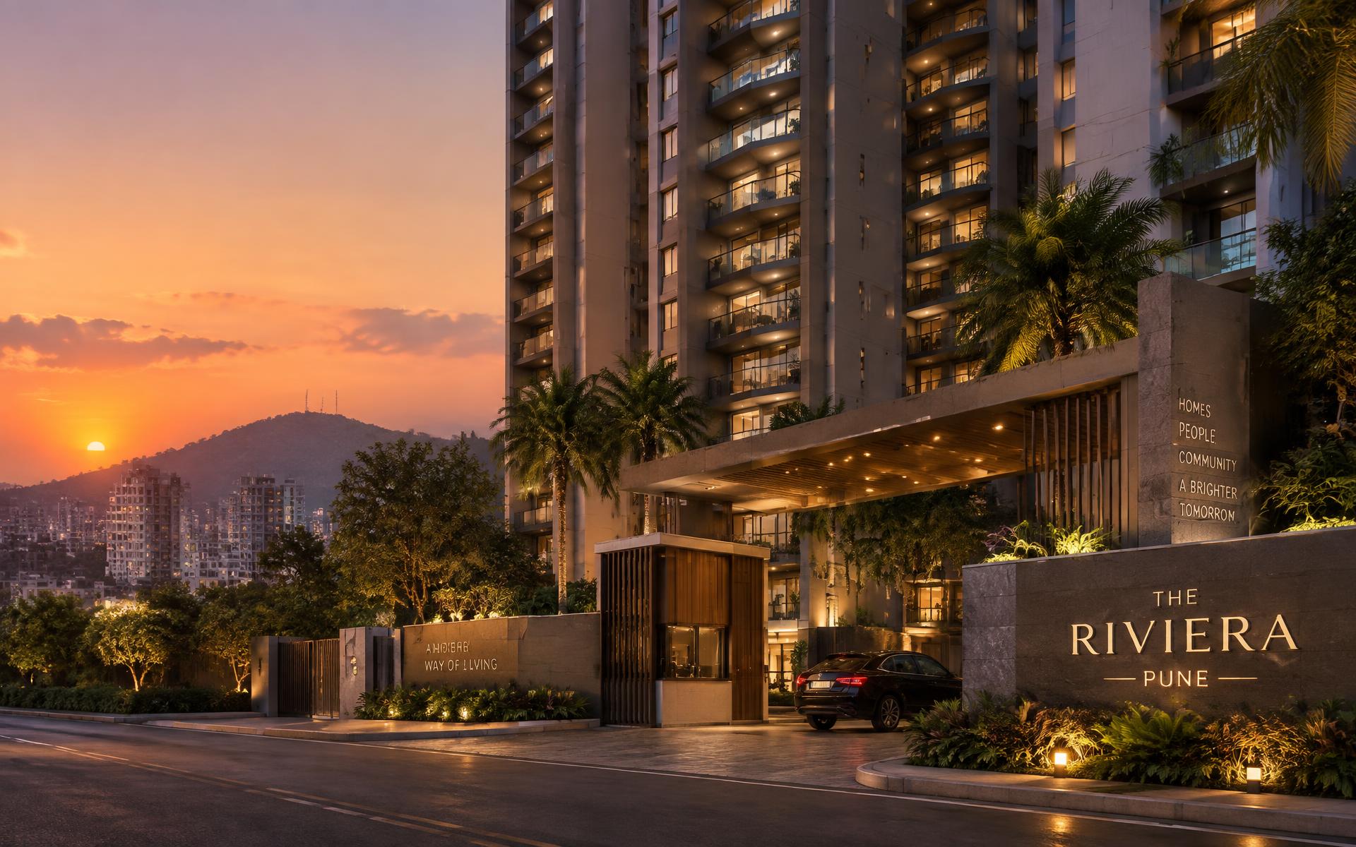 Modern residential apartment tower in Pune at sunset