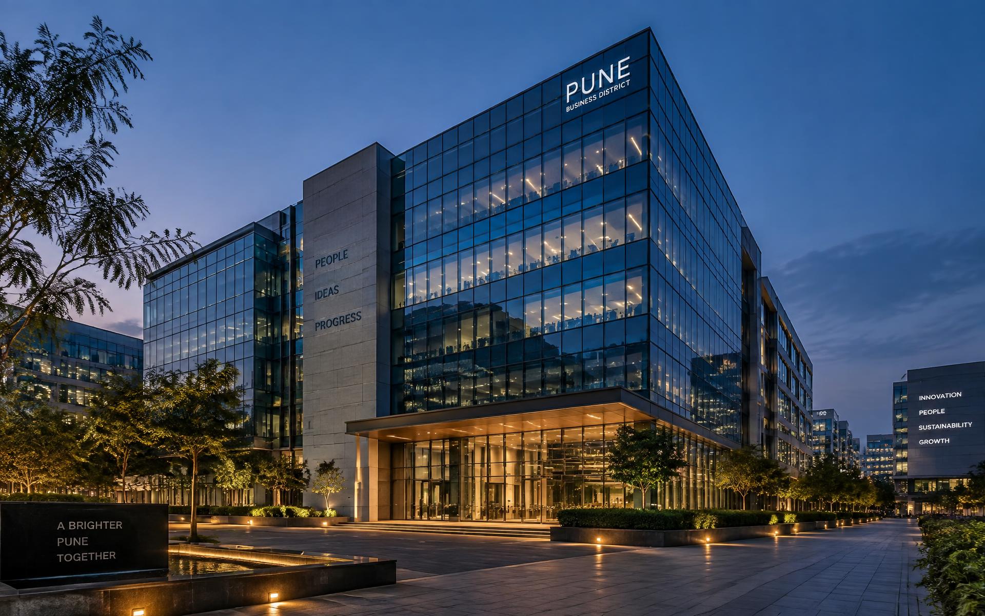 Glass commercial office building at blue hour