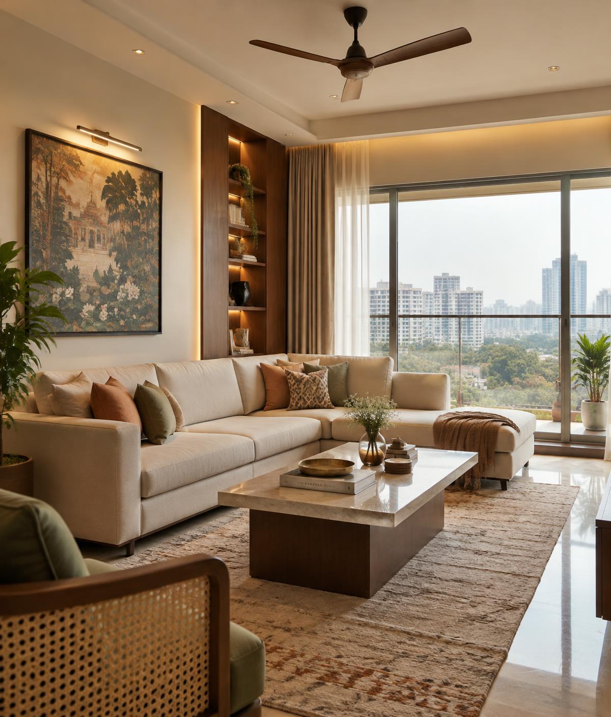 Sunlit living room of a modern apartment in Pune