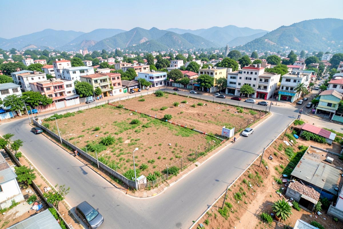 Open residential land plots beside a paved road