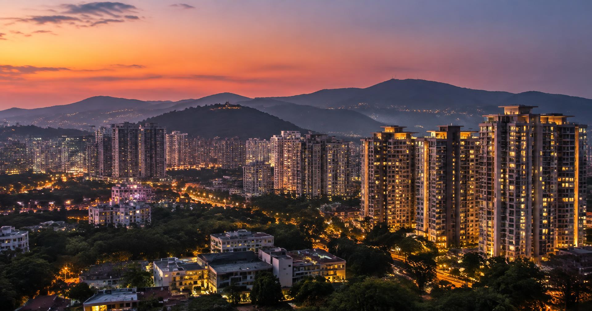 Pune skyline at twilight with residential high-rises