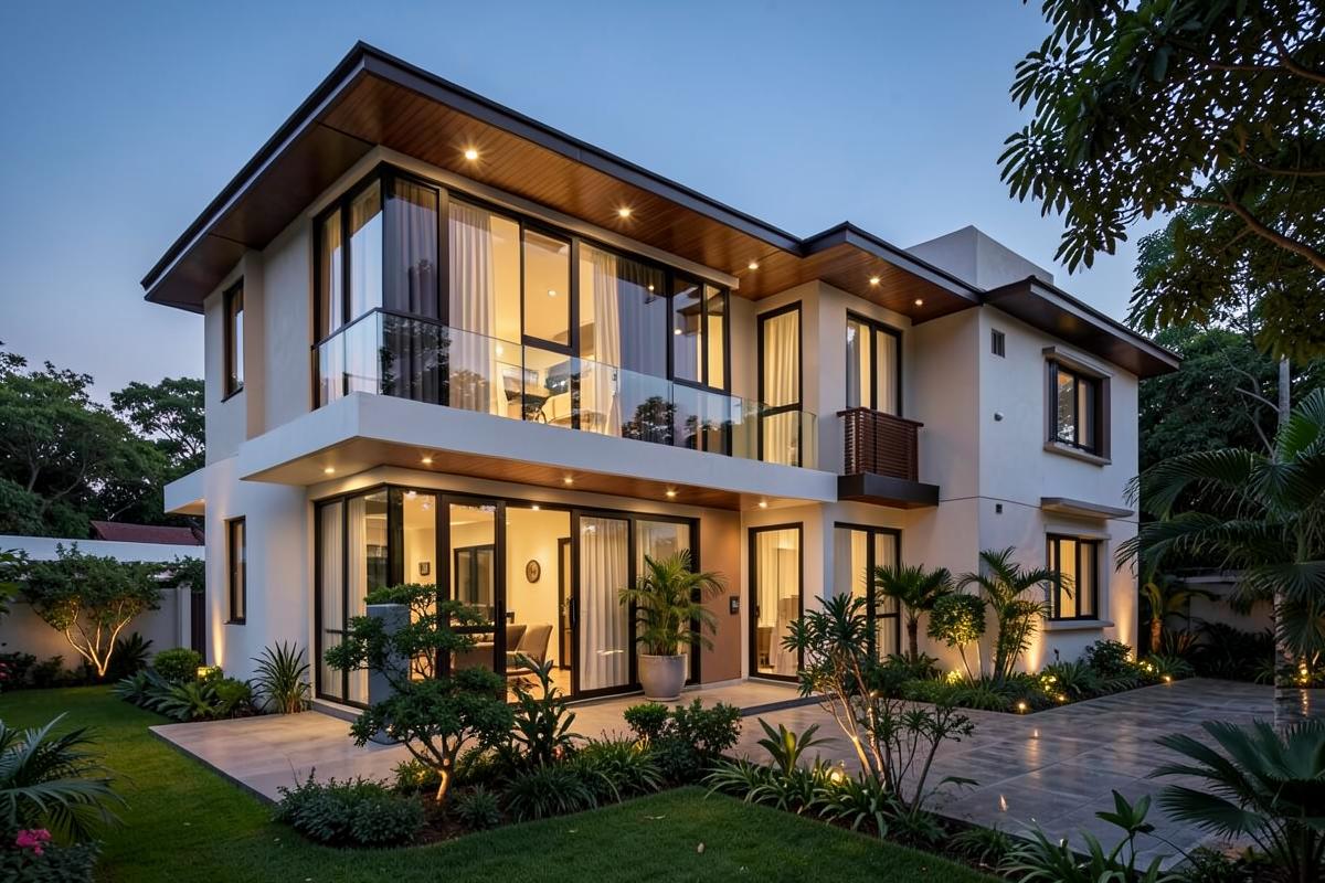 Contemporary villa exterior lit at dusk